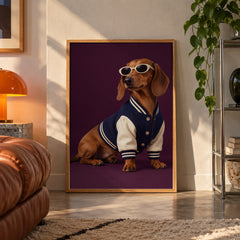 Dachshund varsity jacket poster displayed in a room