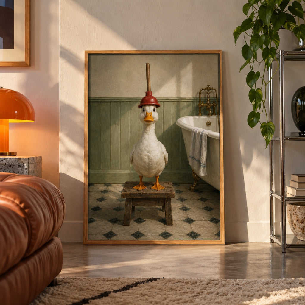 Duck plumber poster displayed in a room