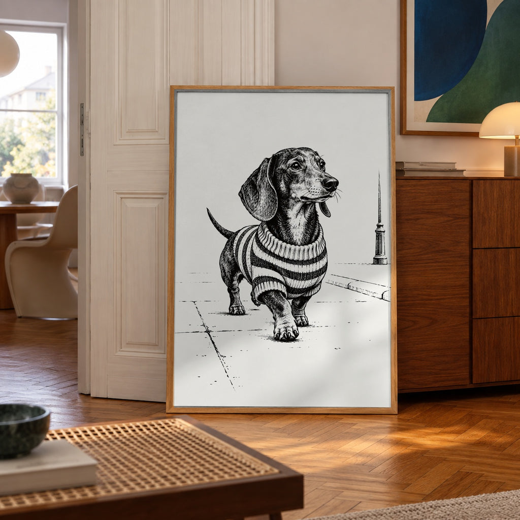 Dachshund in a sweater black and white poster — wall art mockup
