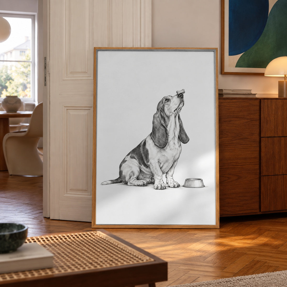 Basset hound black and white poster — wall art mockup
