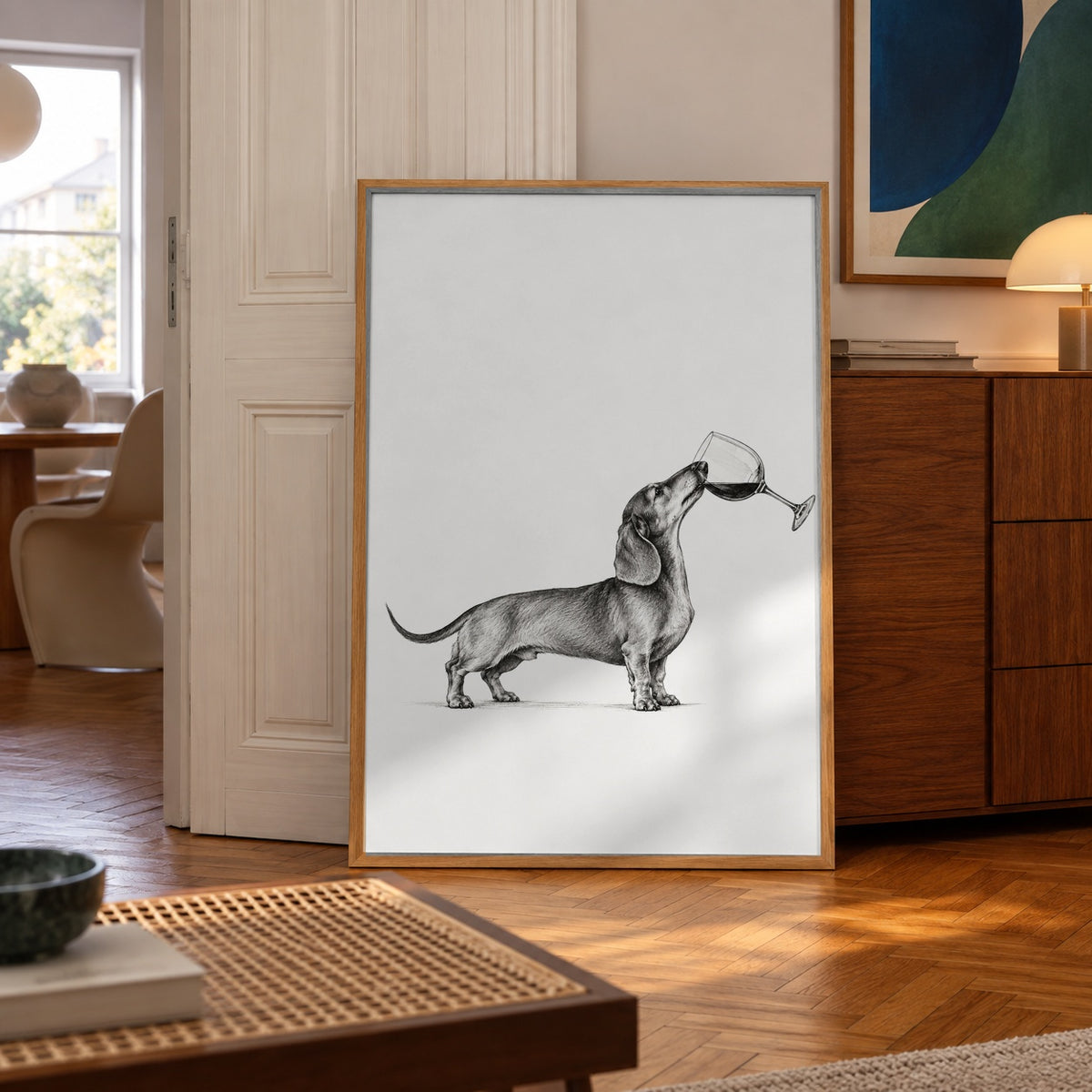 Funny dachshund wine black and white poster — wall art mockup