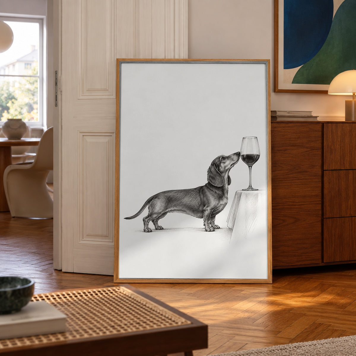 Dachshund wine black and white poster — wall art mockup
