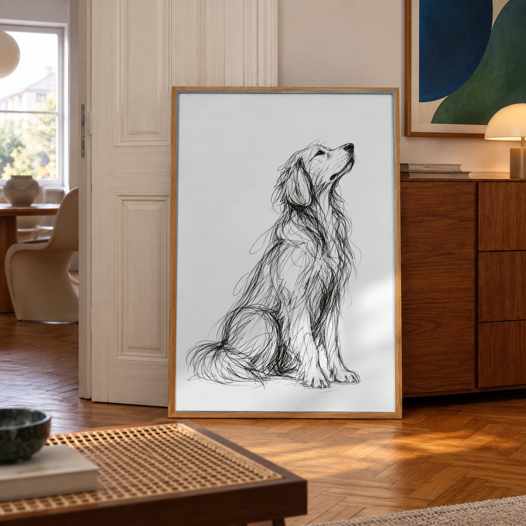 Golden retriever black and white poster — wall art mockup