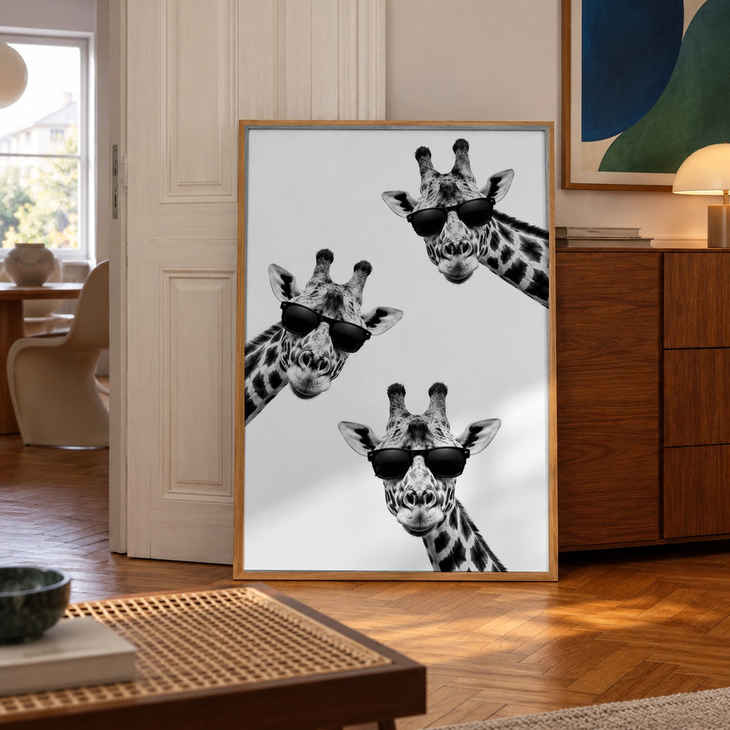Funny giraffe black and white poster — wall art mockup