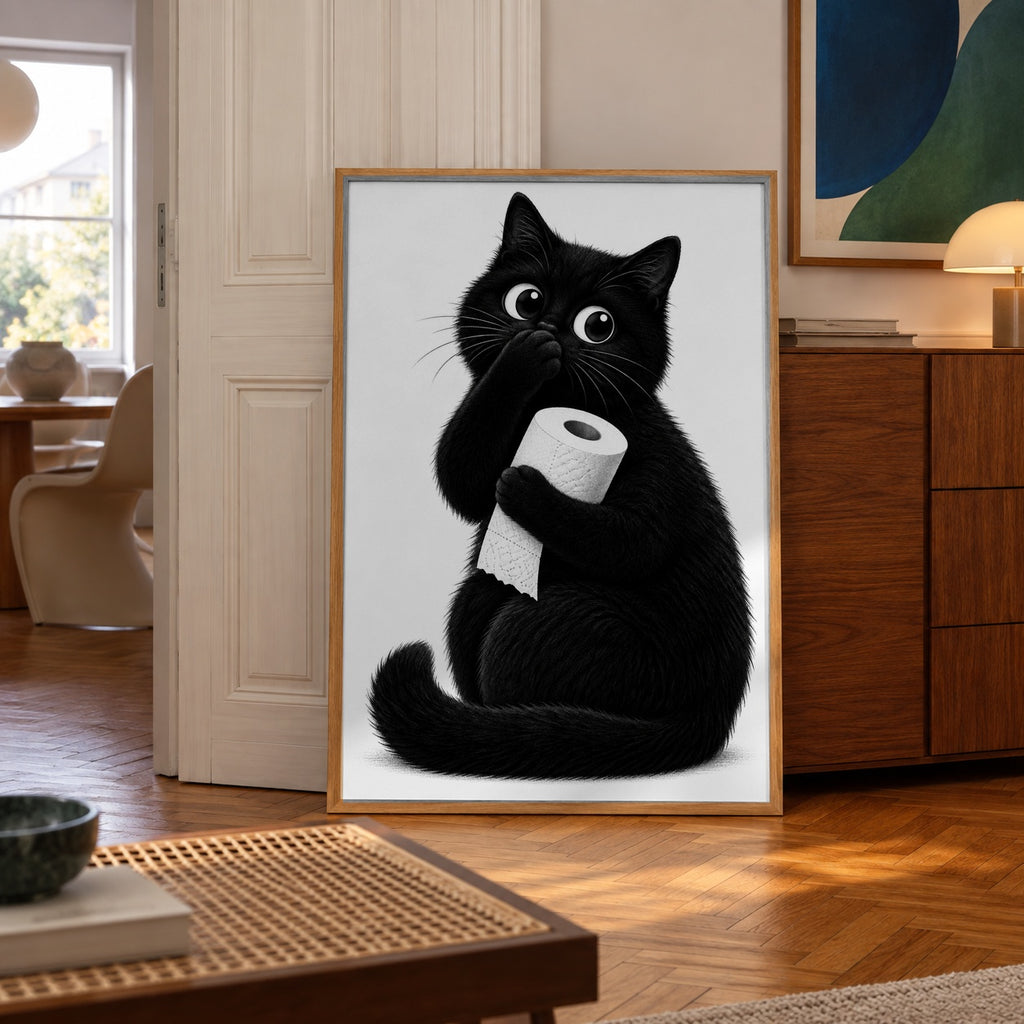 Funny cat bathroom black and white poster — wall art mockup