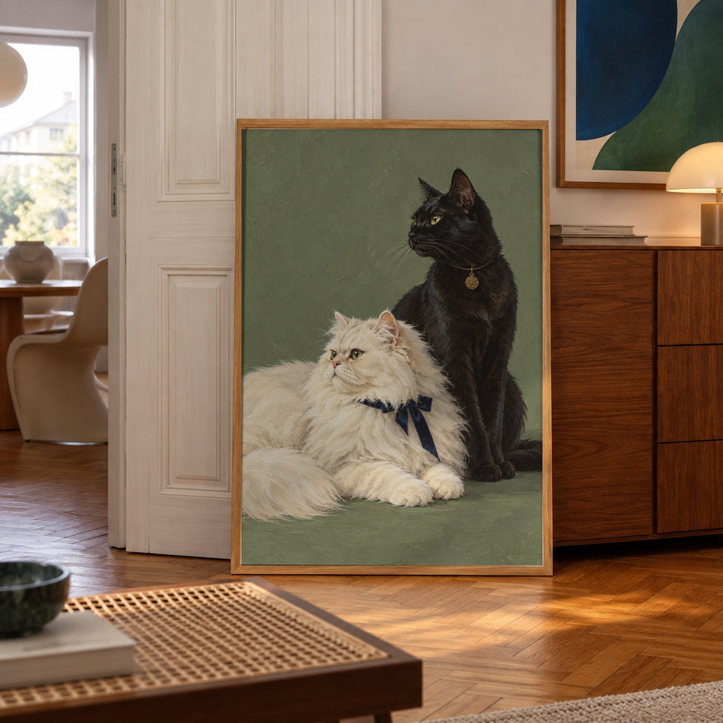 Two cats portrait poster — poster in a styled room