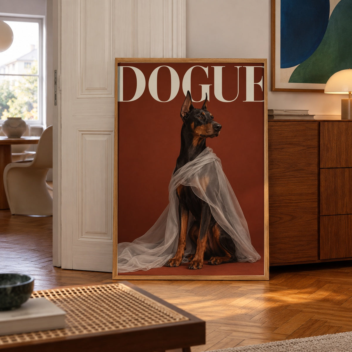 Dogue Doberman veil poster — poster in a styled room