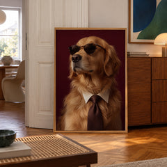 Golden retriever in a suit poster — poster in a styled room
