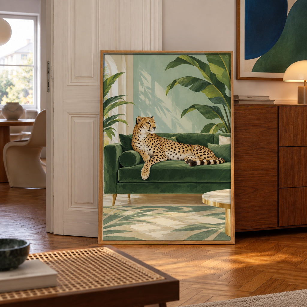 A regal cheetah lounges on a lush green velvet couch, surrounded by tropical palms and golden accents — poster displayed in a styled room