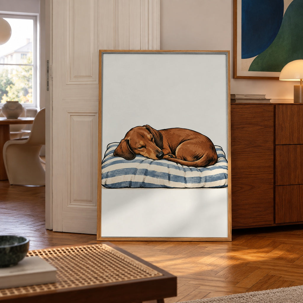 A curled-up dachshund dozes peacefully on a cozy blue-striped cushion — poster in a styled room