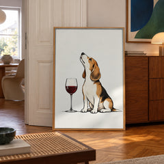 A charming ink sketch beagle sits beside a glass of red wine, nose tilted skyward — poster in a styled room