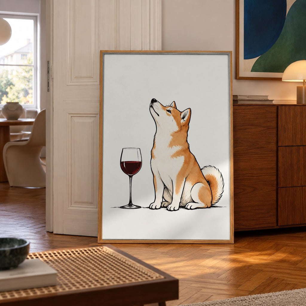 A charming Shiba Inu sits proudly beside a glass of red wine, nose tilted skyward — poster in a styled room