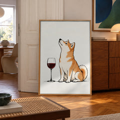 A charming Shiba Inu sits proudly beside a glass of red wine, nose tilted skyward — poster in a styled room