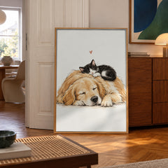 A cozy watercolor scene of a golden retriever napping peacefully with a tiny black and white kitten curled up on its head — poster in a styled room