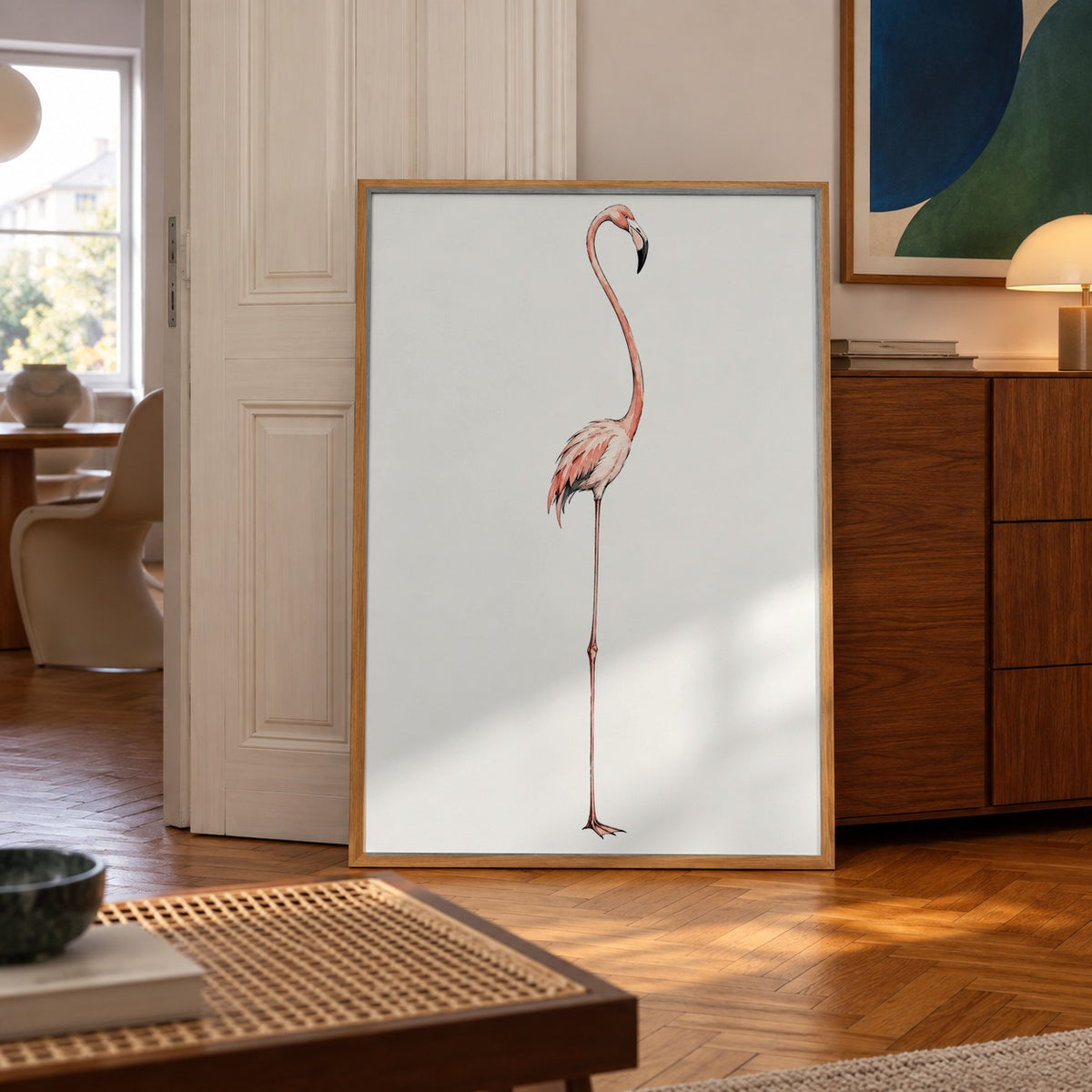 A graceful flamingo poised on one leg, rendered in soft watercolor pinks against a warm cream background — poster in a styled room