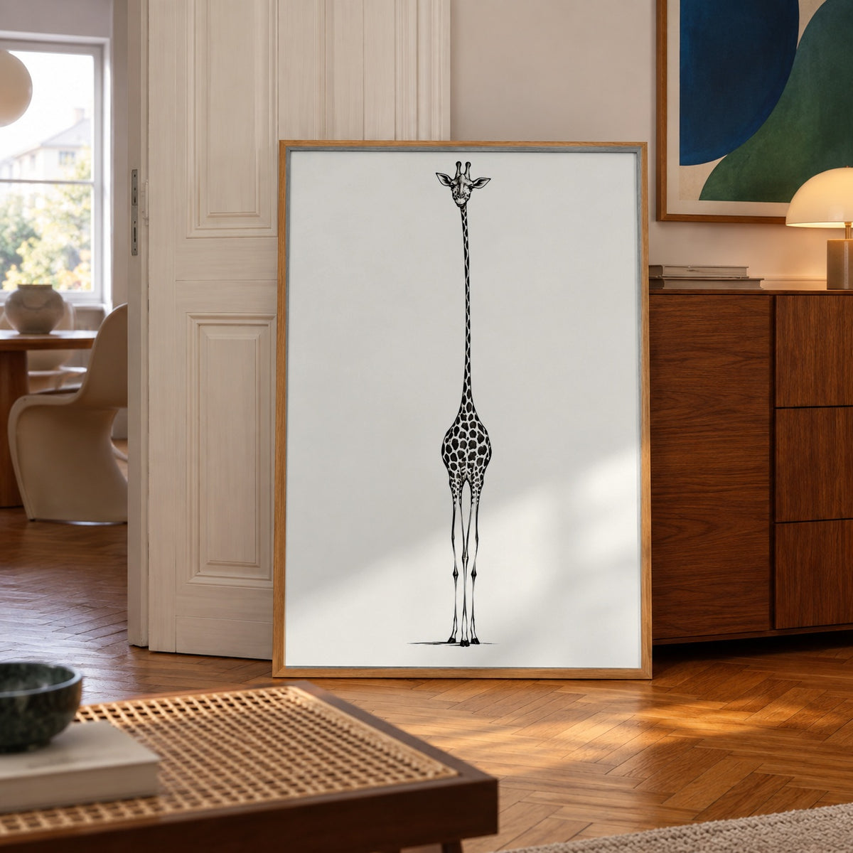 A striking minimalist portrait of a giraffe, drawn in fine ink detail against a soft cream background — poster in a styled room
