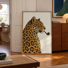 A distinguished leopard poses in profile, calmly puffing on a wooden pipe — poster displayed in a styled room