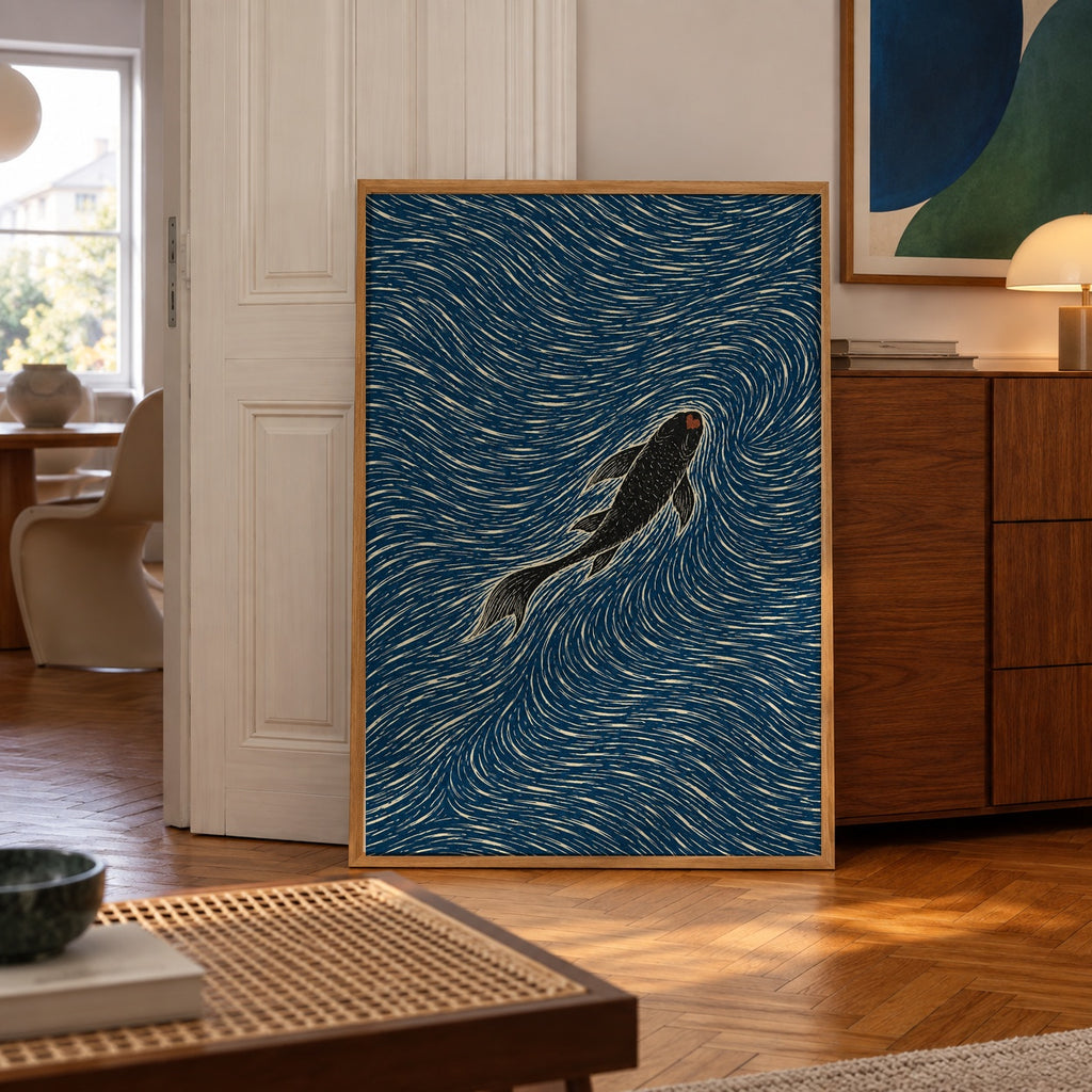 A lone black koi glides through hypnotic swirls of deep indigo and cream — poster displayed in a styled room