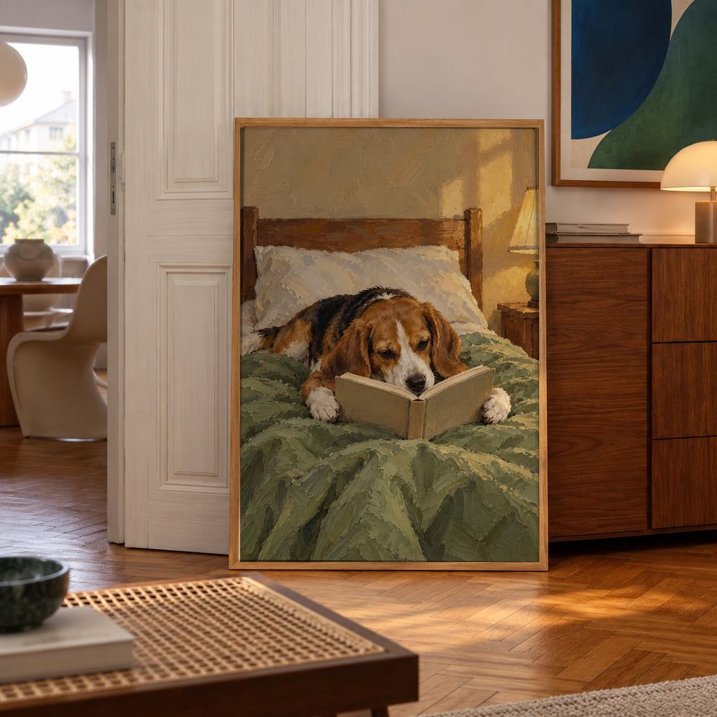 A cozy beagle curls up in bed, nose deep in a book under warm lamplight — poster displayed in a styled room