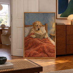 A cosy golden Labrador settles in for a bedtime story, glasses on and blanket pulled up tight — poster displayed in a styled room