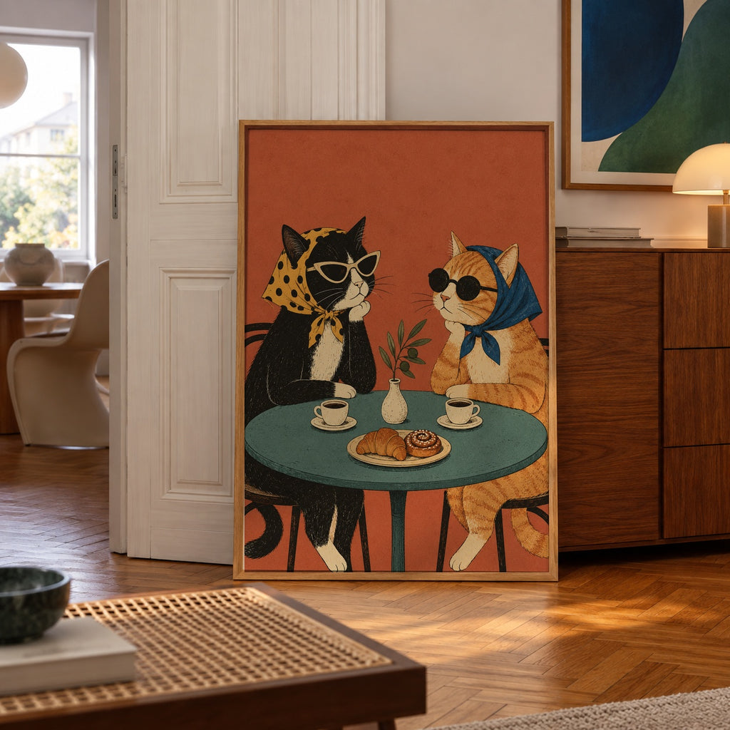 Two stylish cats in sunglasses and headscarves enjoy coffee and pastries at a cozy café table — poster displayed in a styled room