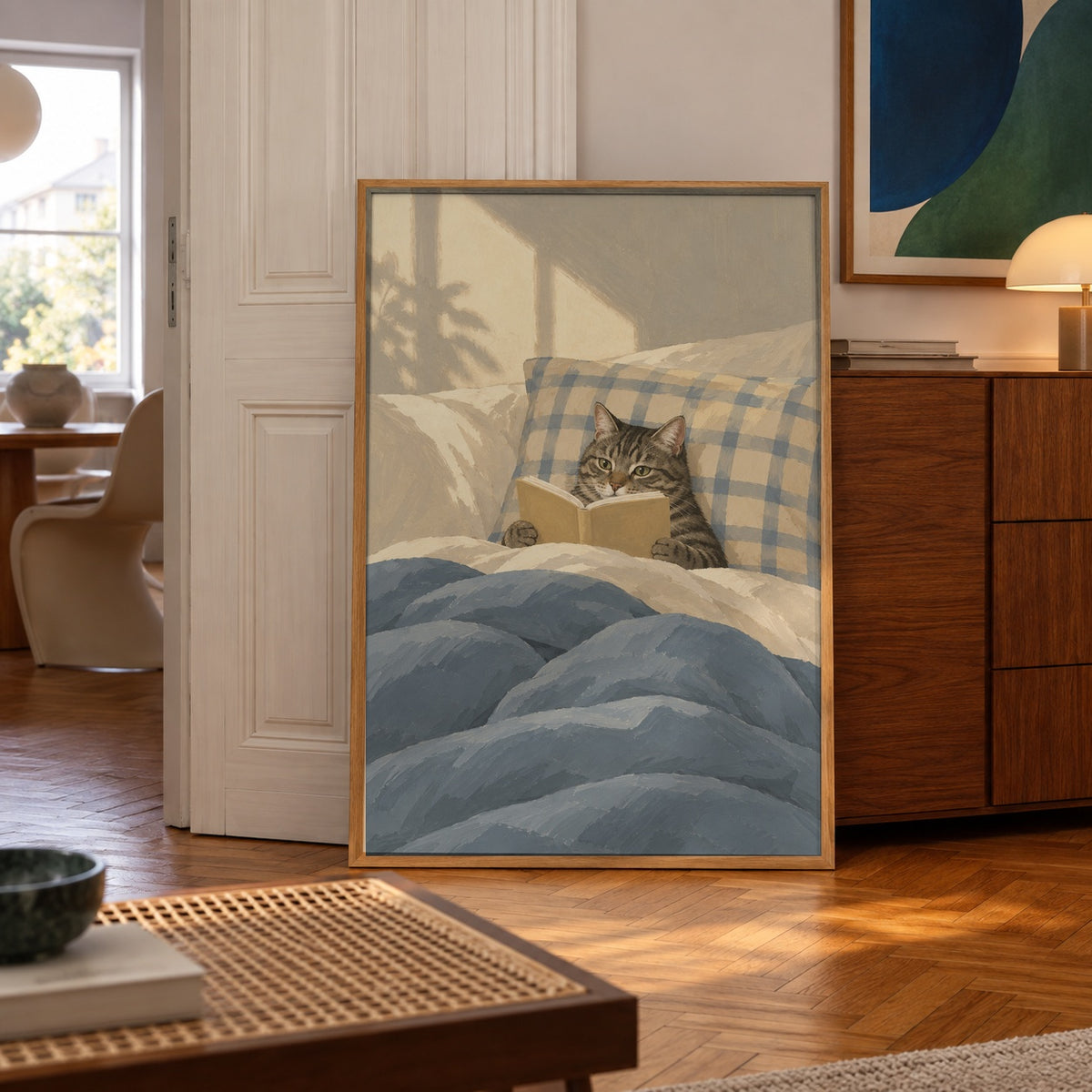 A cozy tabby cat sits propped against plaid pillows, holding an open book in bed — poster displayed in a styled room