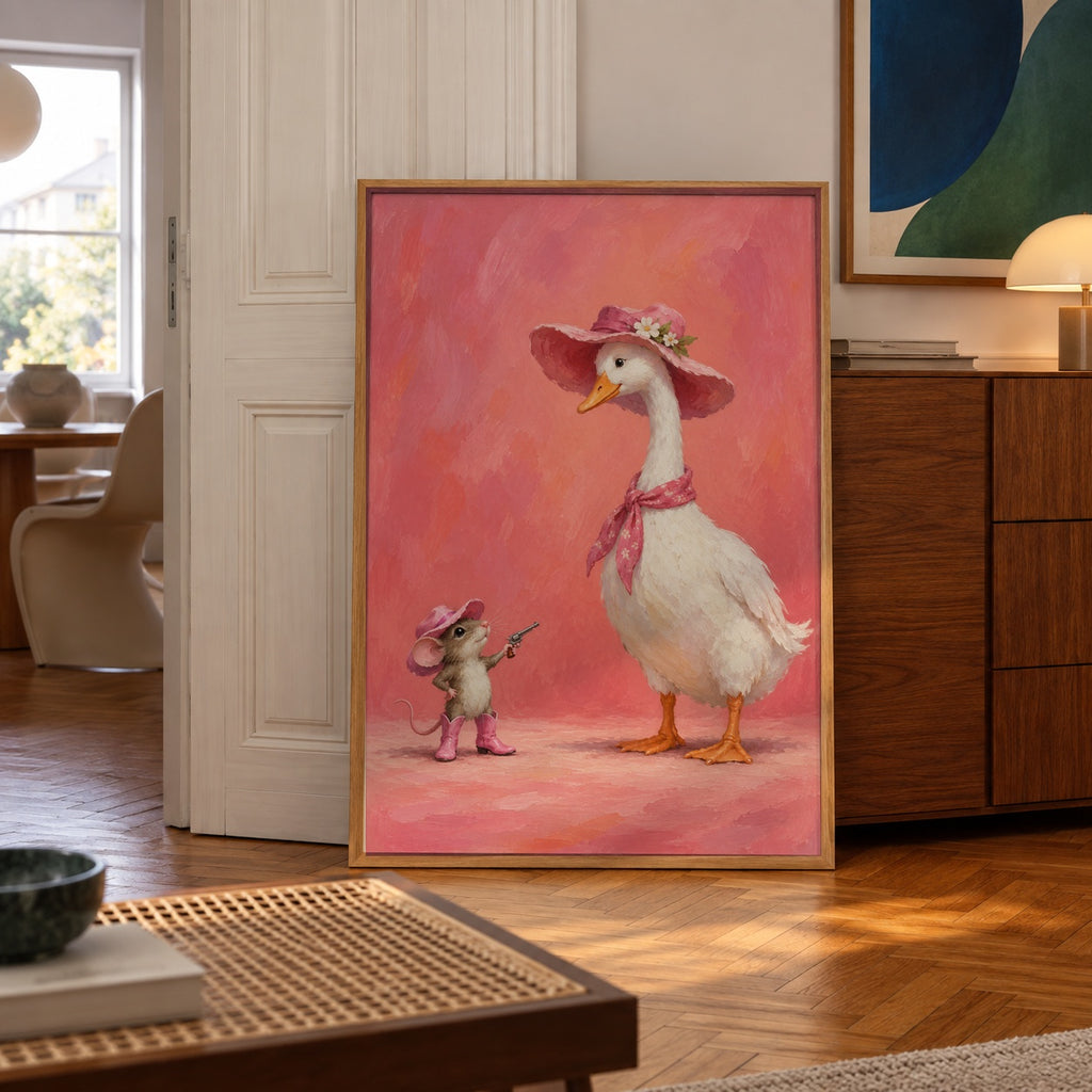 A tiny mouse in pink boots and a floral hat squares off with a ladylike goose in a matching bonnet — poster displayed in a styled room