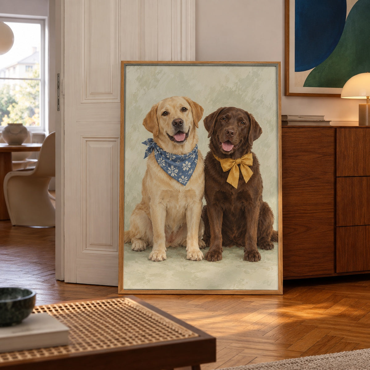 A golden Labrador in a blue bandana sits beside a chocolate Labrador wearing a mustard bow tie, both smiling for the camera — poster displayed in a styled room