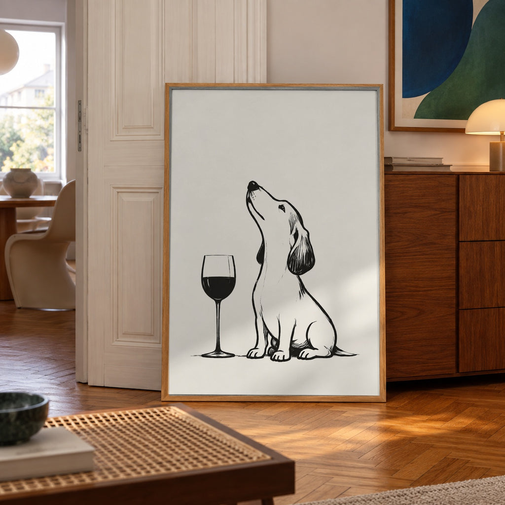 Beagle wine black and white poster — wall art mockup
