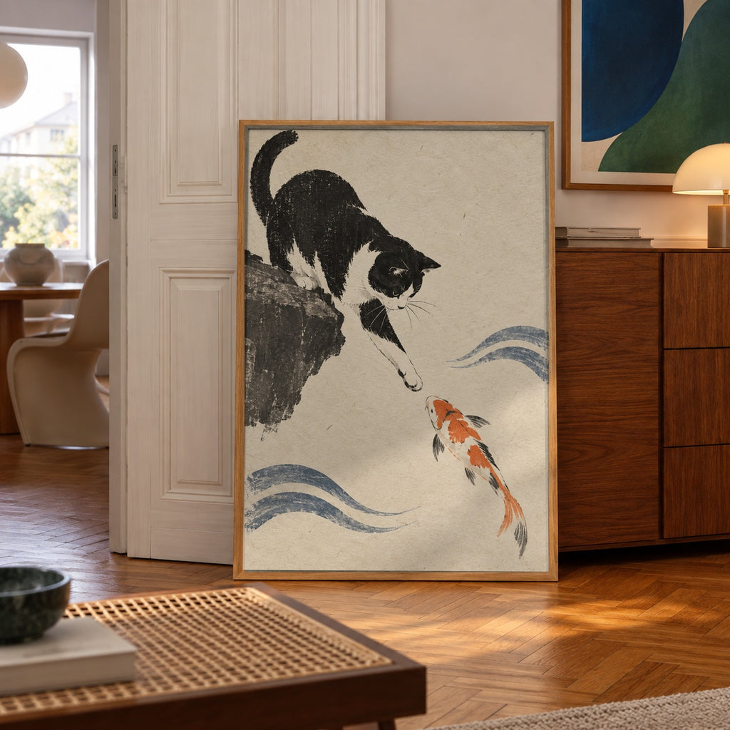 A tuxedo cat reaches curiously toward a koi fish leaping from painted waves, rendered in the style of traditional Japanese ink art — poster in a styled room