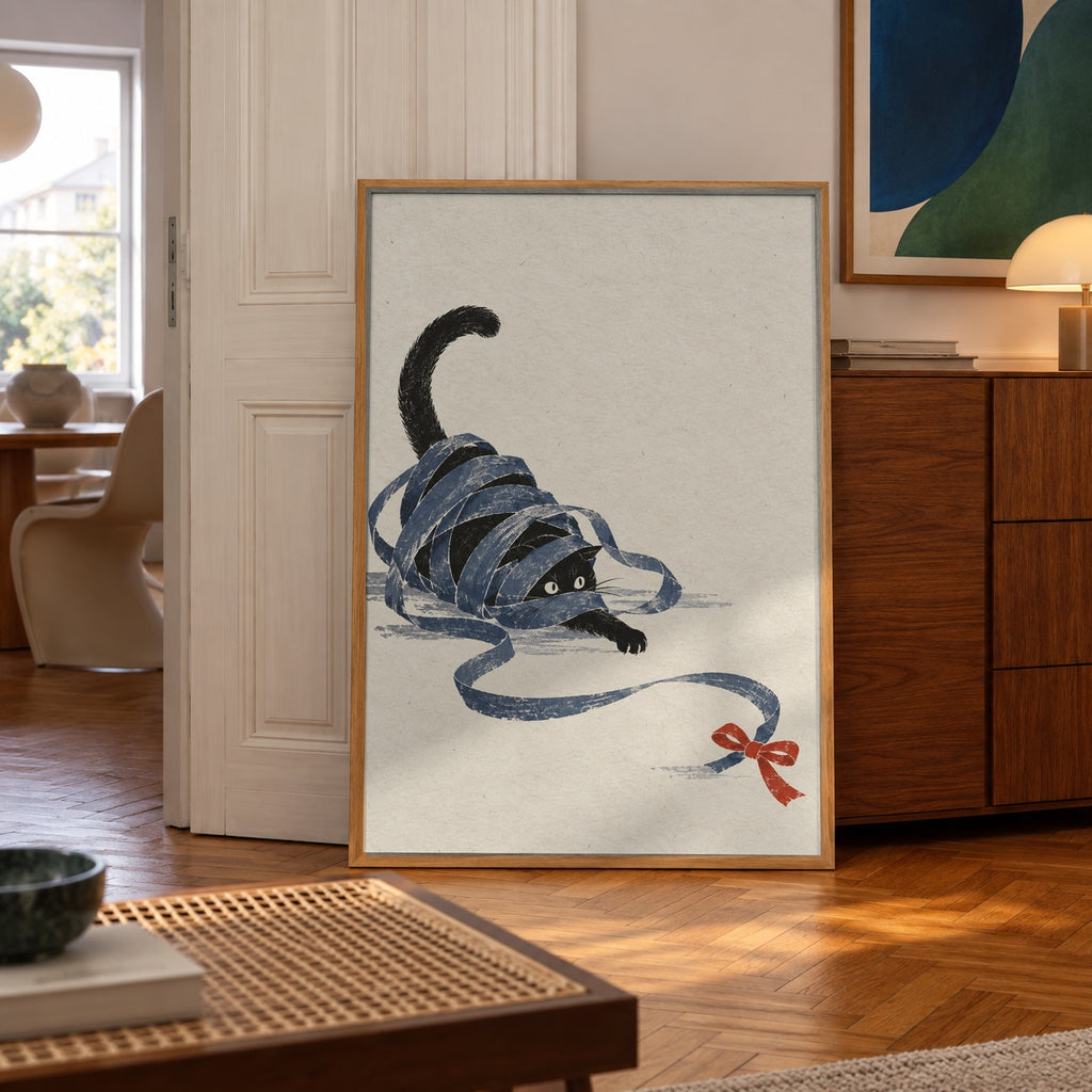 A playful black cat tangled up in a long blue ribbon with a red bow, sketched in a charming textured style — poster displayed in a styled room