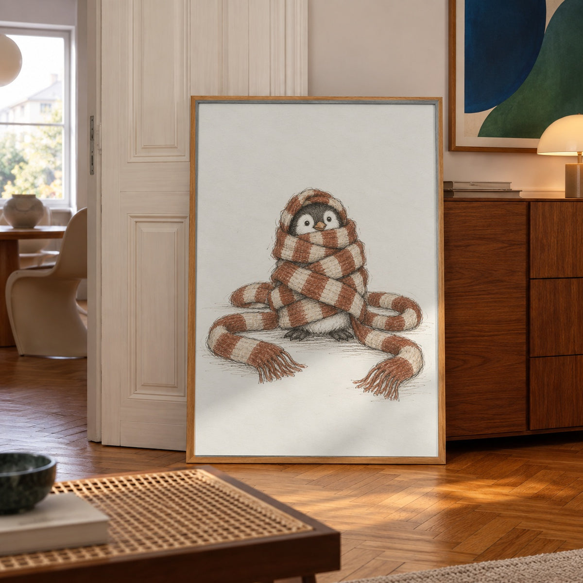 A tiny penguin gets thoroughly bundled in an oversized striped scarf, leaving just its curious eyes peeking out — poster displayed in a styled room