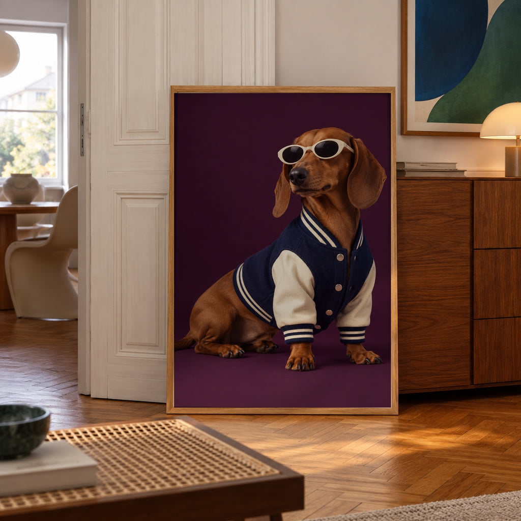 Dachshund varsity jacket poster — poster in a styled room