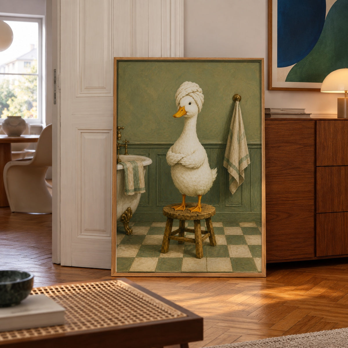 A fluffy duck stands proudly on a wooden stool, wrapped in a towel turban after a bath — poster displayed in a styled room
