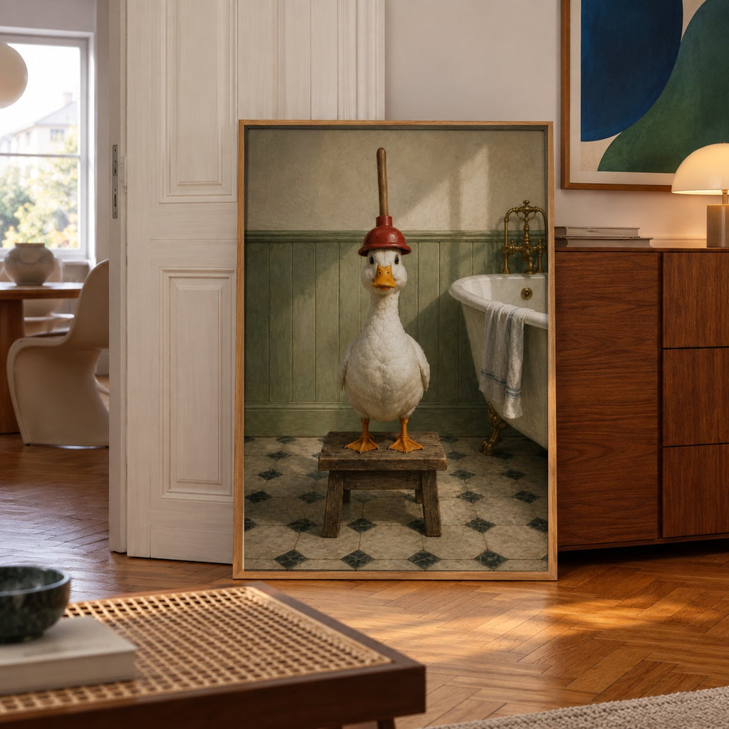 A quirky white duck wears a plunger like a helmet while standing proudly on a wooden stool in a vintage bathroom — poster displayed in a styled room