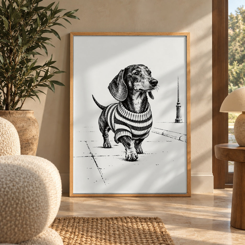Cozy dachshund sweater poster in a styled interior