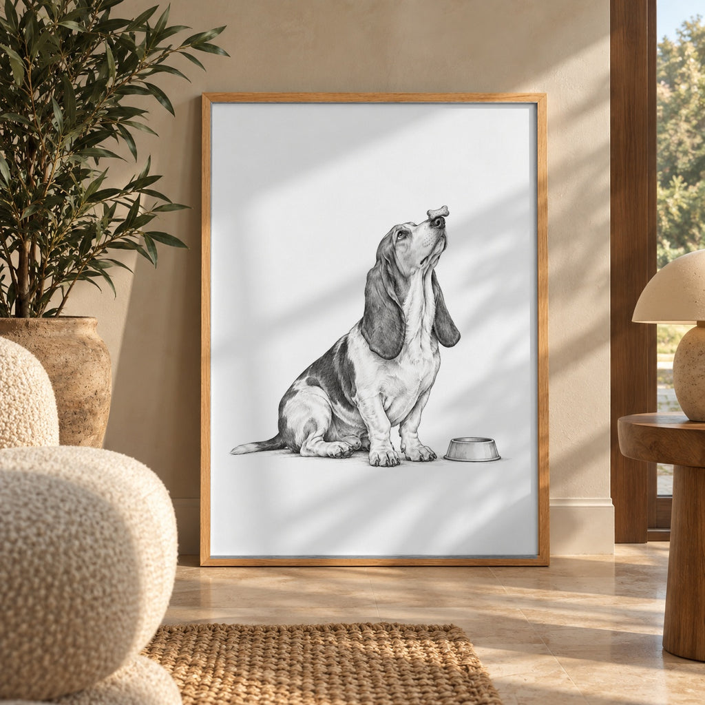 Funny basset hound poster in a styled interior