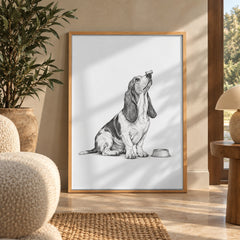 Funny basset hound poster in a styled interior
