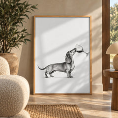 Funny dachshund wine poster in a styled interior