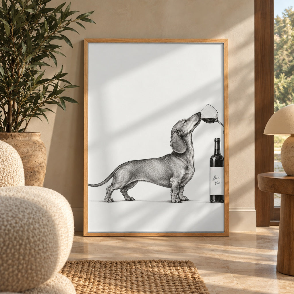 Dachshund wine kitchen poster in a styled interior