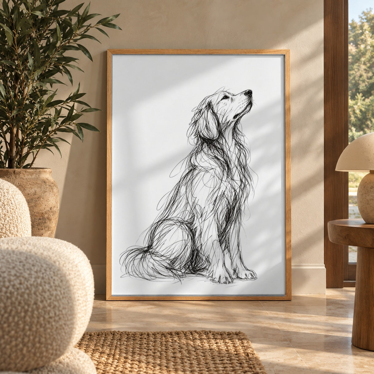 Golden retriever line art poster in a styled interior