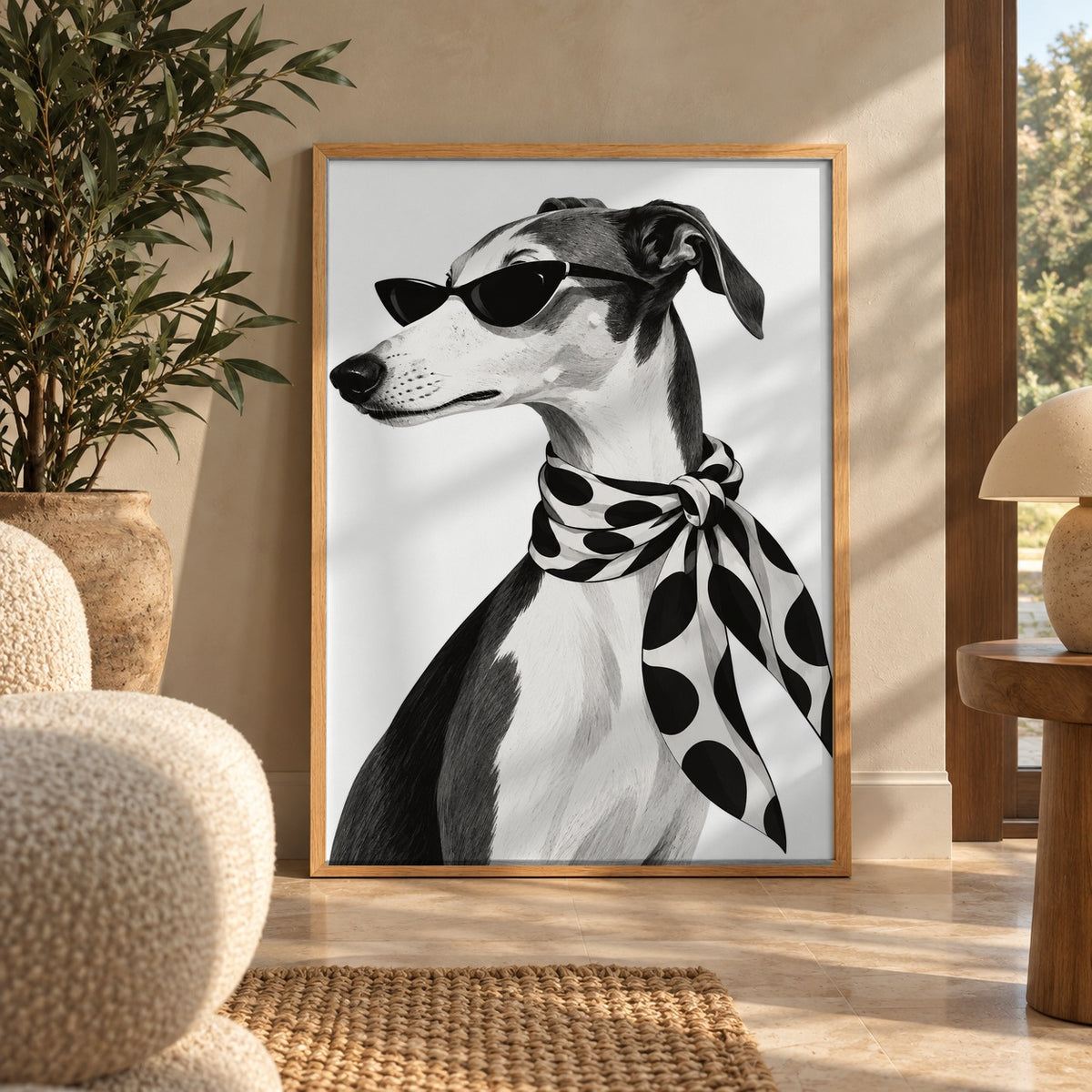 Chic greyhound poster in a styled interior