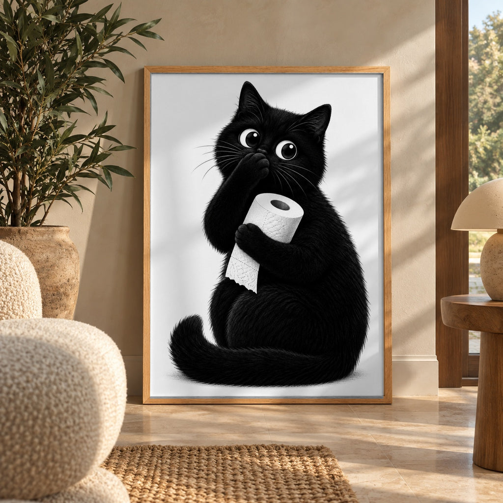 Funny cat bathroom poster in a styled interior
