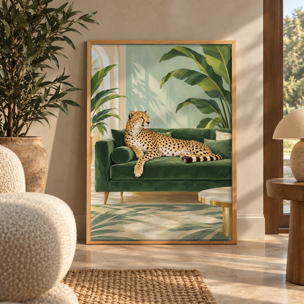 A regal cheetah lounges on a lush green velvet couch, surrounded by tropical palms and golden accents — wall art poster display