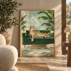 A regal cheetah lounges on a lush green velvet couch, surrounded by tropical palms and golden accents — wall art poster display