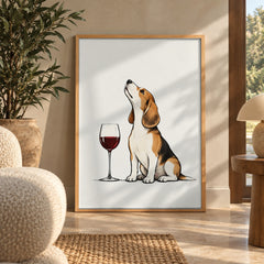 A charming ink sketch beagle sits beside a glass of red wine, nose tilted skyward — wall art poster display