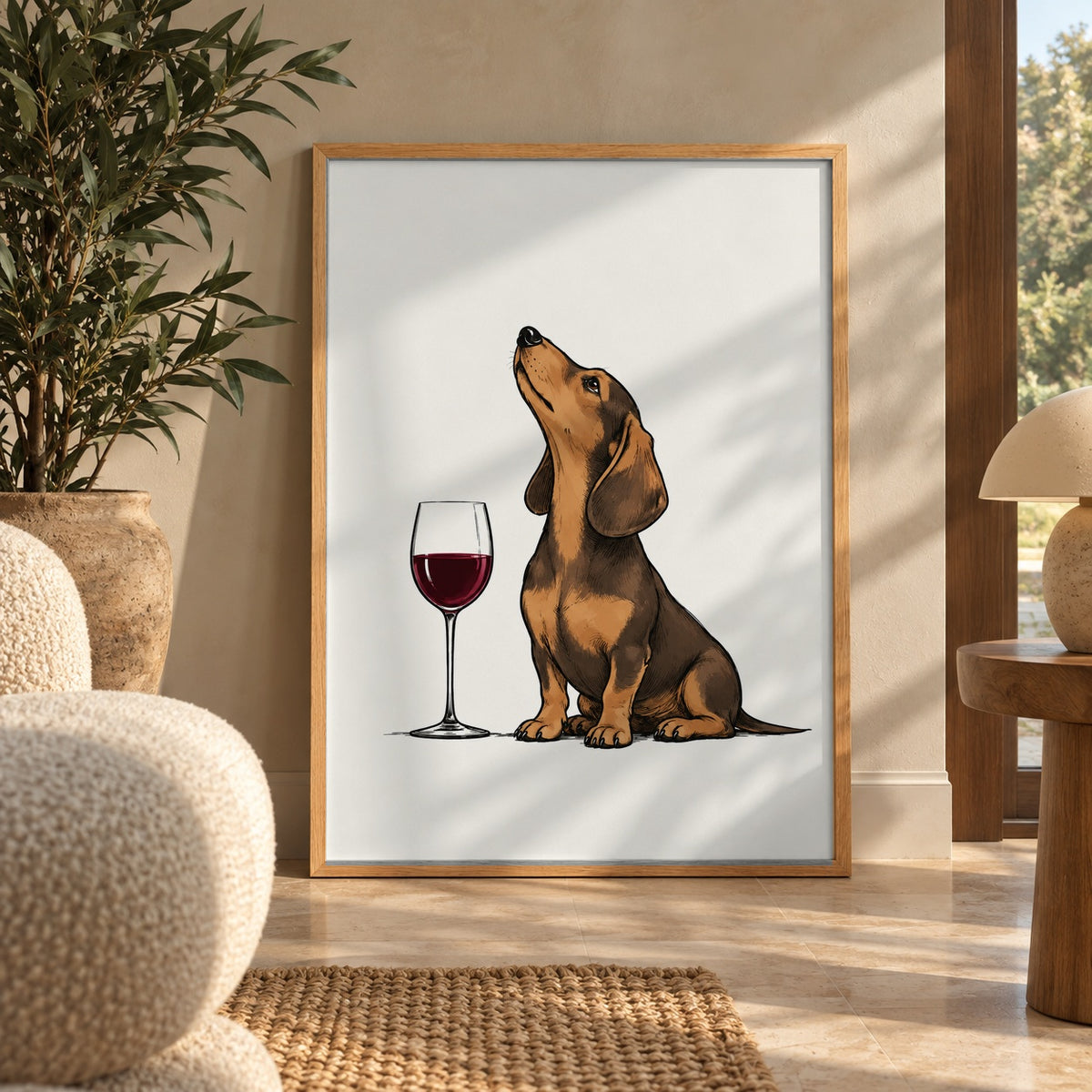 A sweet dachshund tilts its head skyward next to a glass of red wine, sketched in warm ink tones — wall art poster display