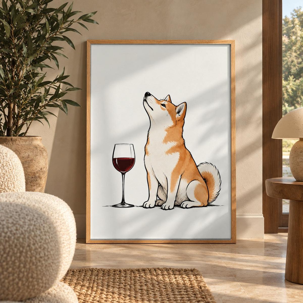 A charming Shiba Inu sits proudly beside a glass of red wine, nose tilted skyward — wall art poster display