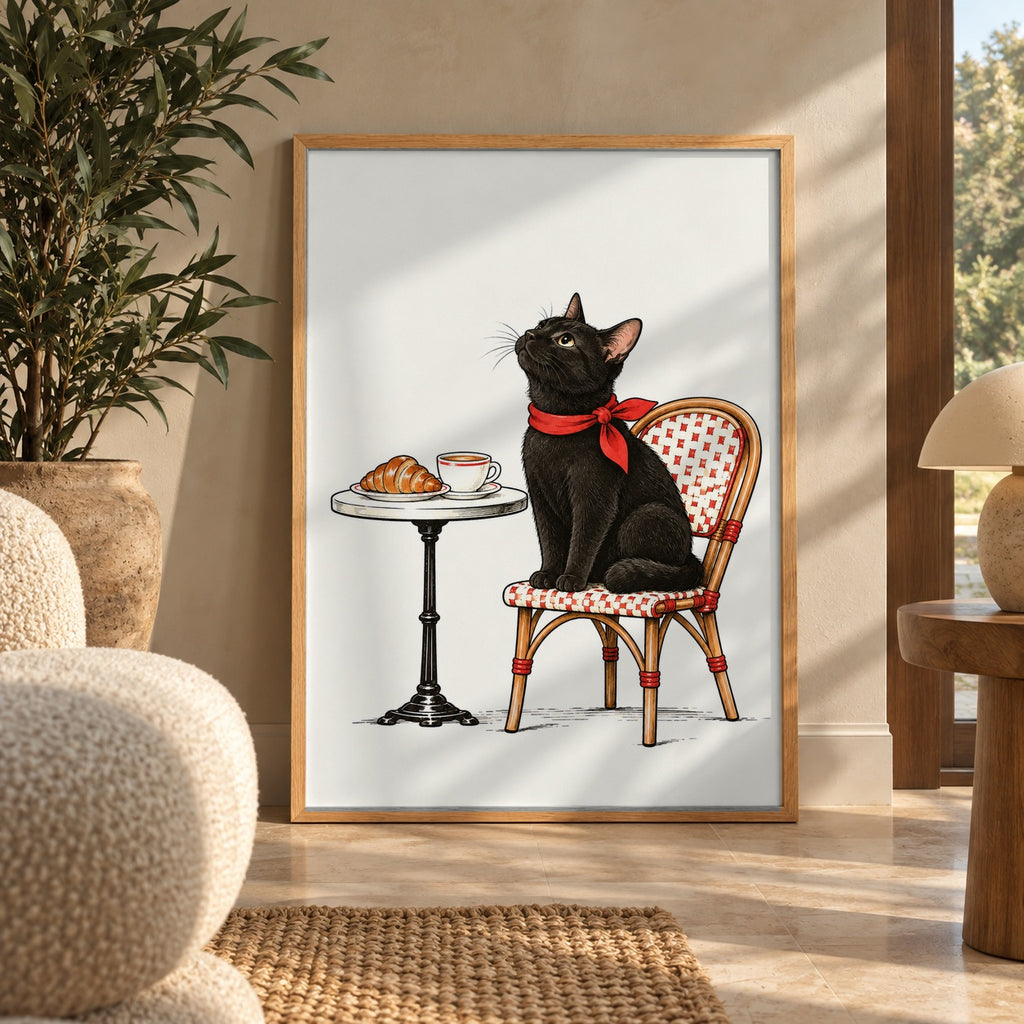 A sleek black cat in a red scarf perches on a bistro chair, waiting for coffee and croissants — wall art poster display