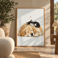 A cozy watercolor scene of a golden retriever napping peacefully with a tiny black and white kitten curled up on its head — wall art poster display